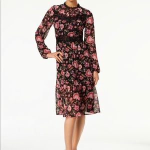 Lace-trim floral chiffon midi dress
